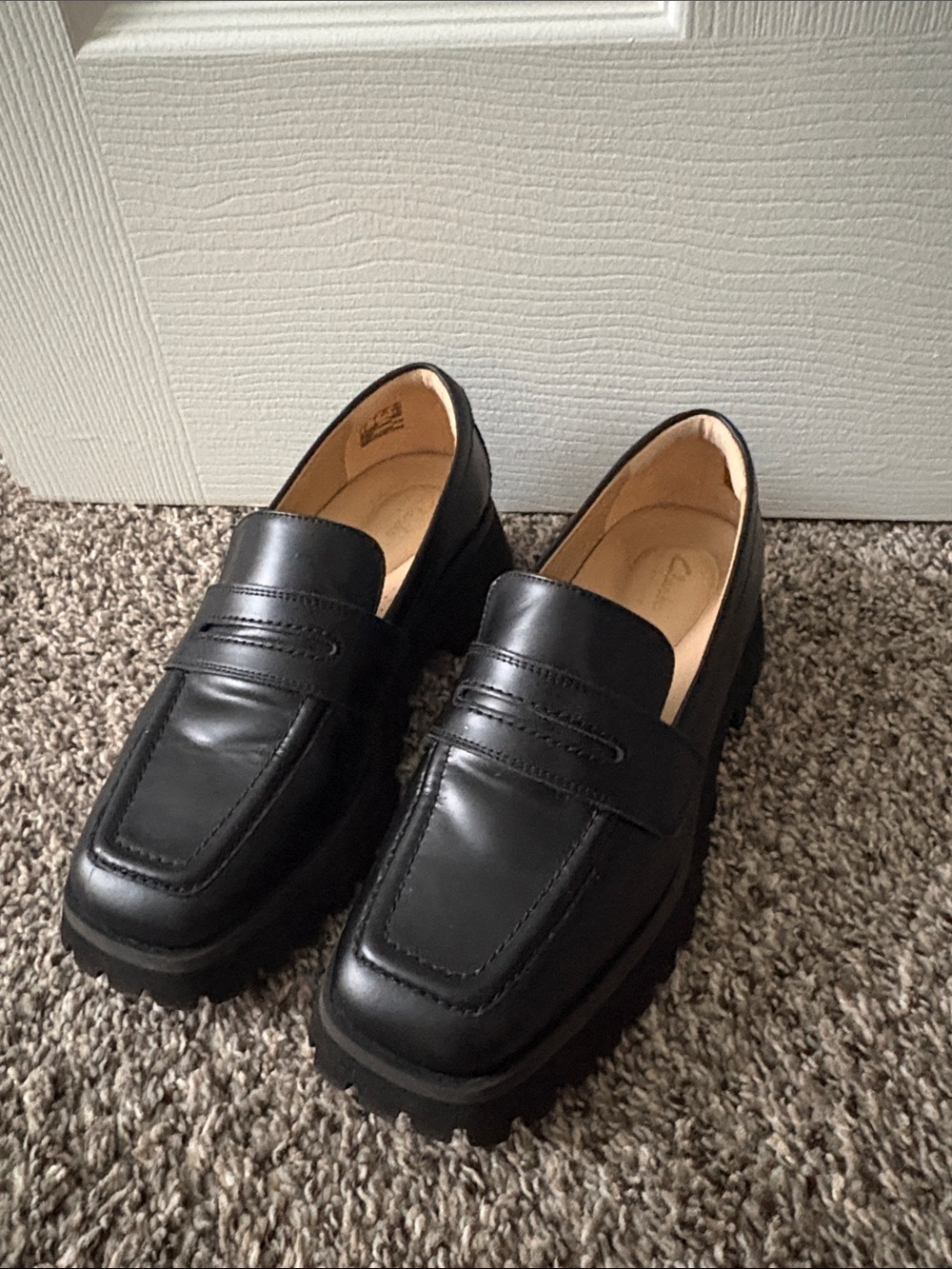 Clarks Black Leather Lug-Sole Penny Loafers
